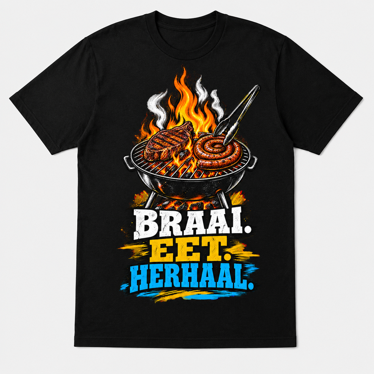 Braai Eet Herhaal graphic T-shirt on black