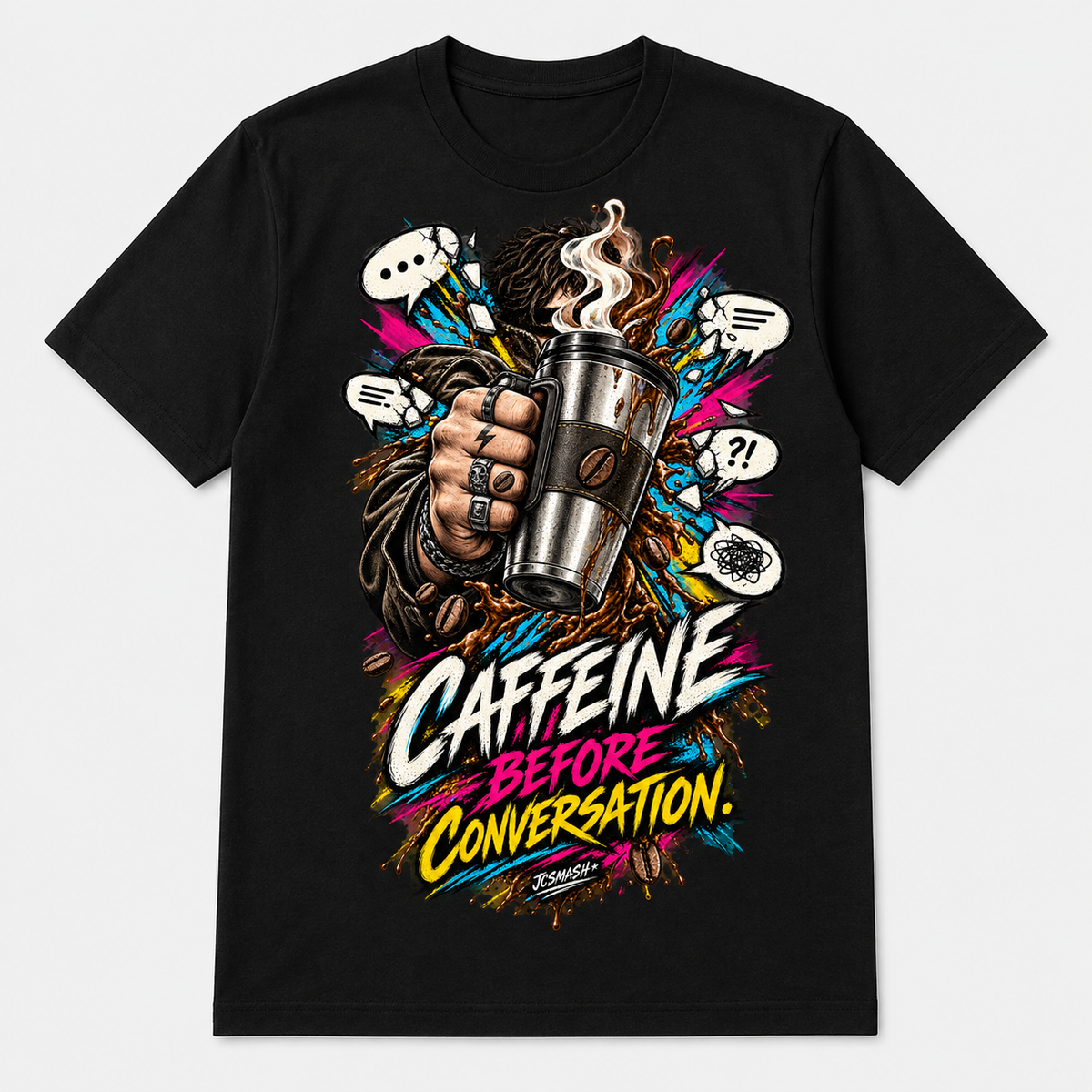Caffeine Before Conversation graphic T-shirt on black