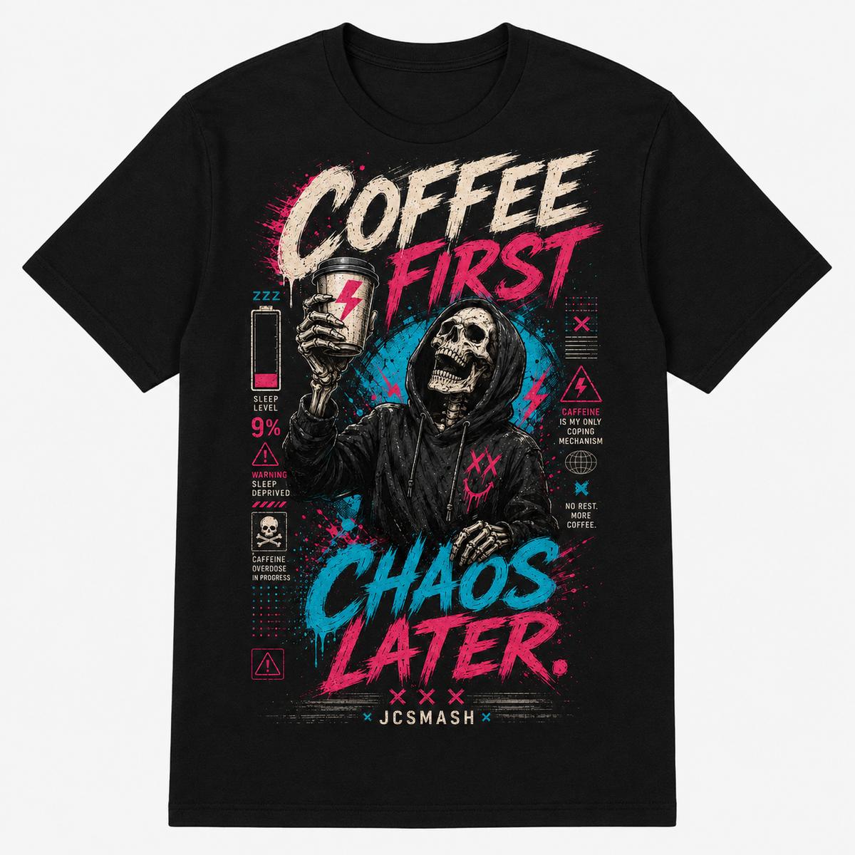 Coffee First Chaos graphic T-shirt on black