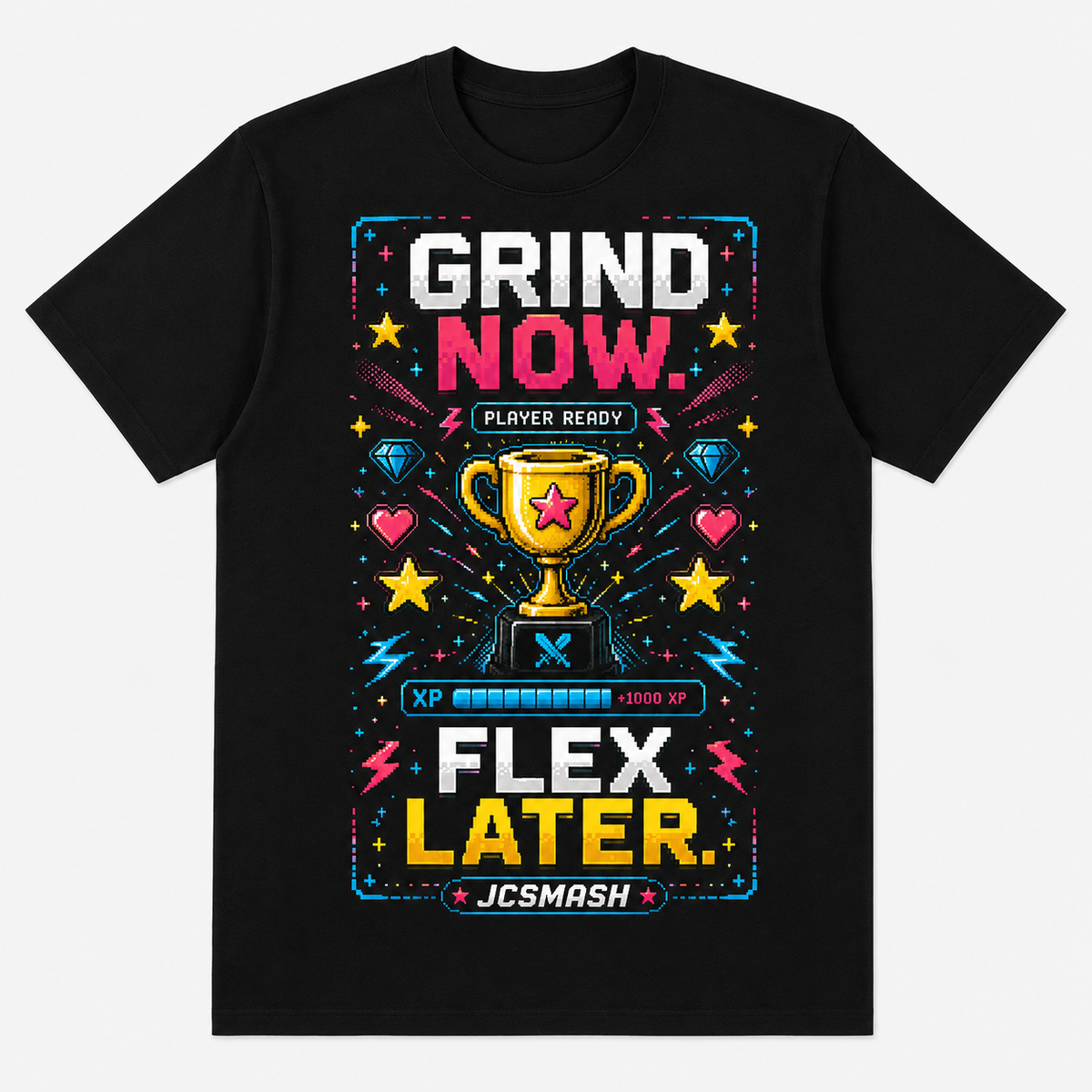 Gaming arcade trophy graphic T-shirt on black