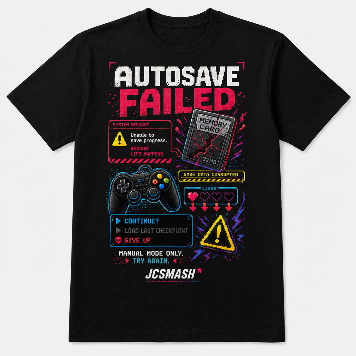 Gaming Autosave Failed graphic T-shirt on black