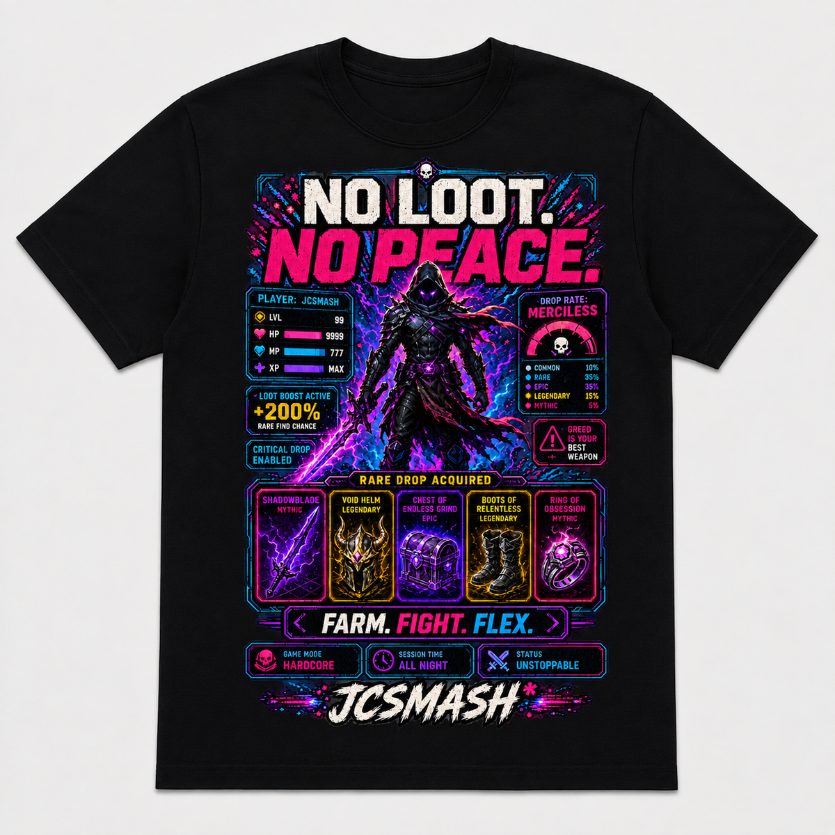 gaming shirt: No loot, no peace graphic T-shirt on black