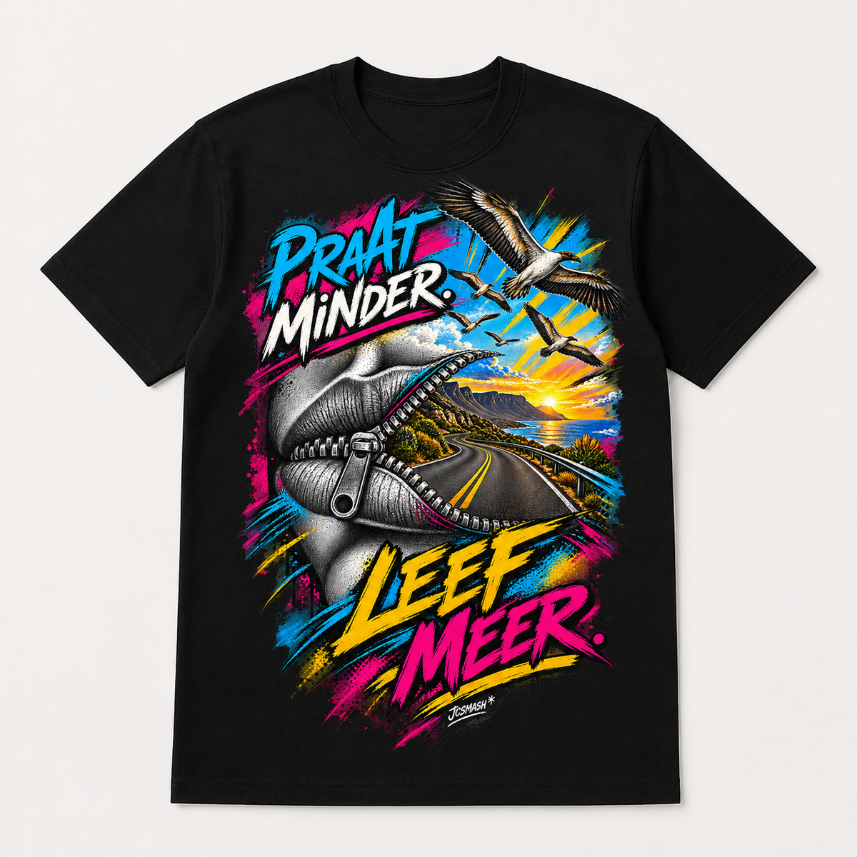 Praat Minder. Leef Meer graphic T-shirt on black