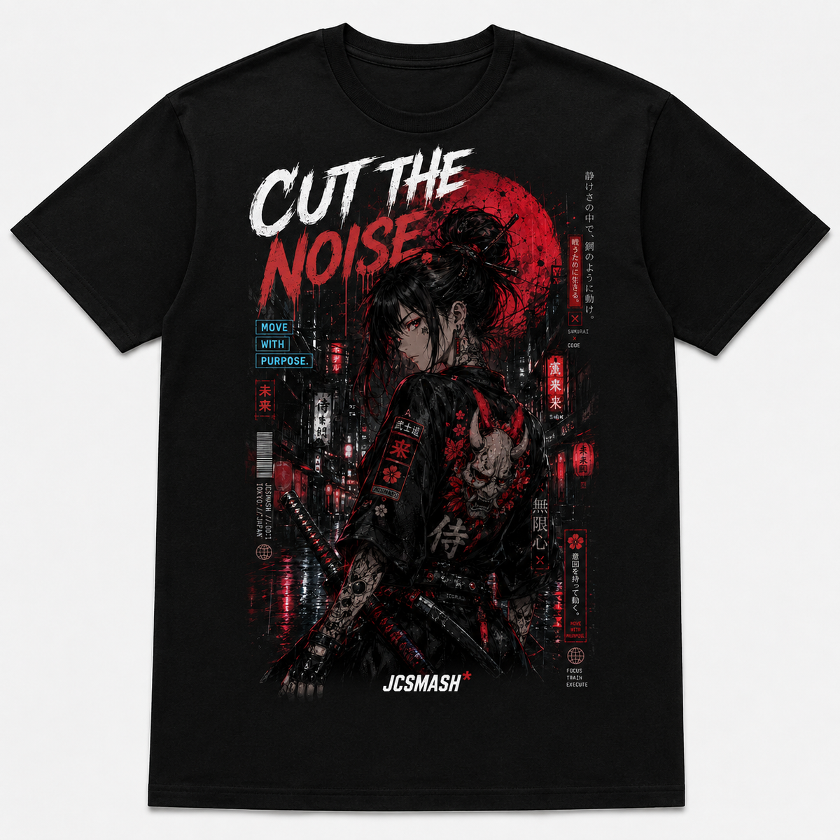 Samurai Under Red Moon graphic T-shirt on black