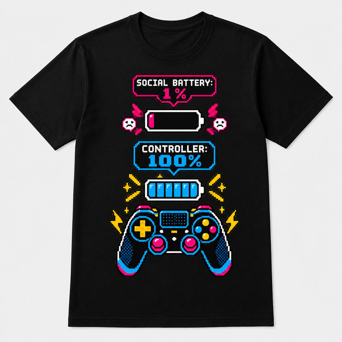 Social battery 1%, controller 100% graphic T-shirt on black