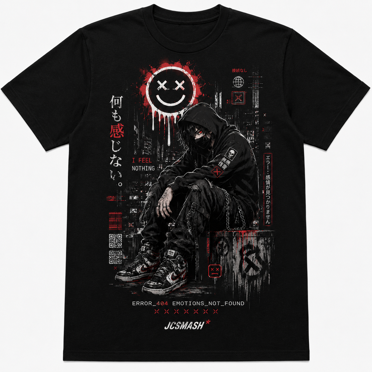 Anime Error 404 emotions not found graphic T-shirt on black