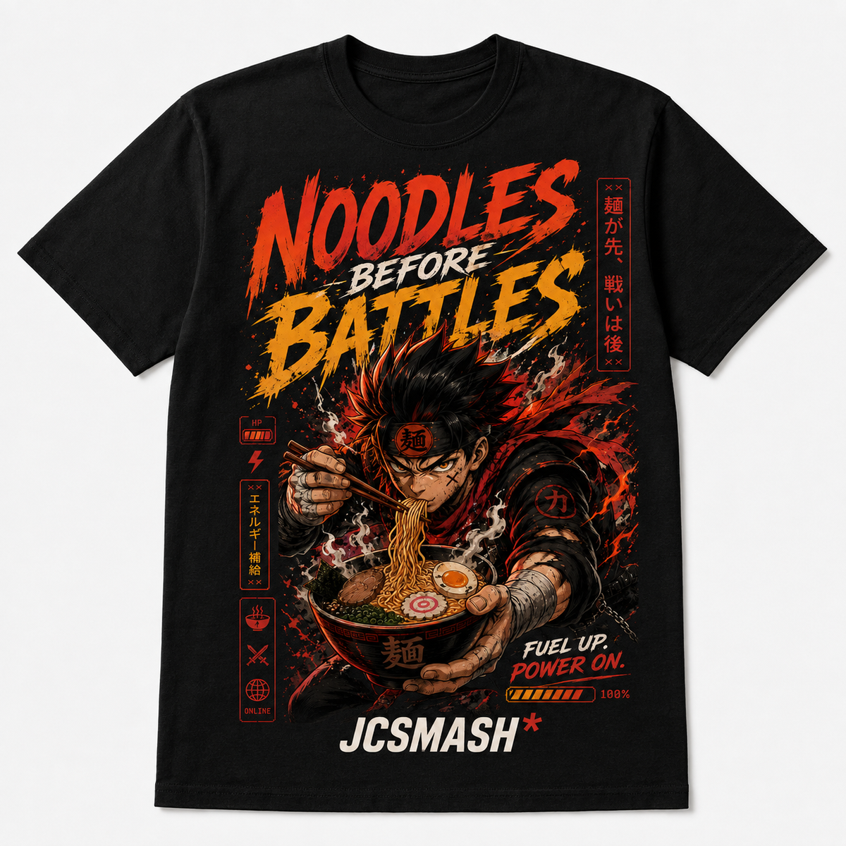 Anime noodles before battles graphic T-shirt on black
