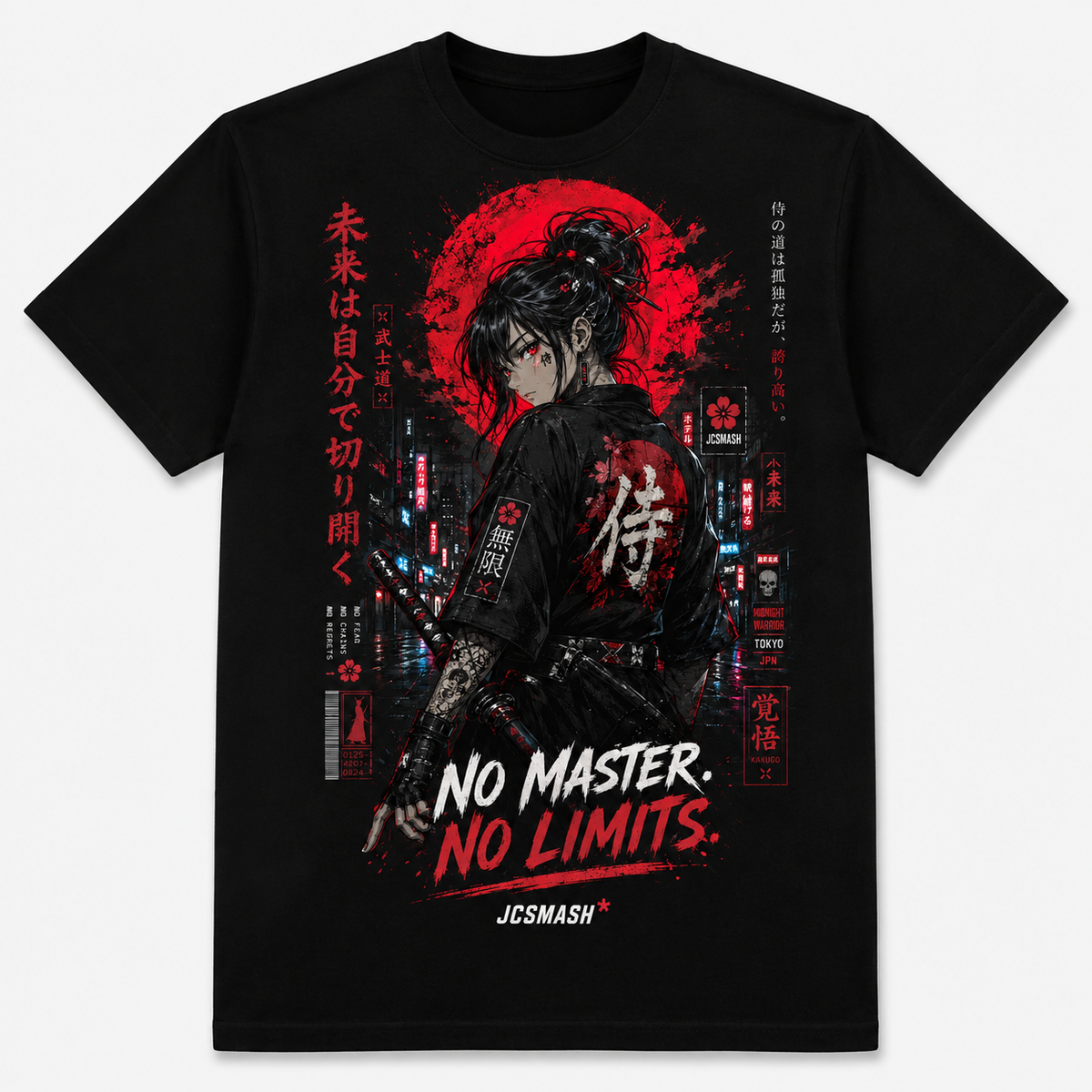 Anime Samurai Under a Blood Moon graphic T-shirt on black