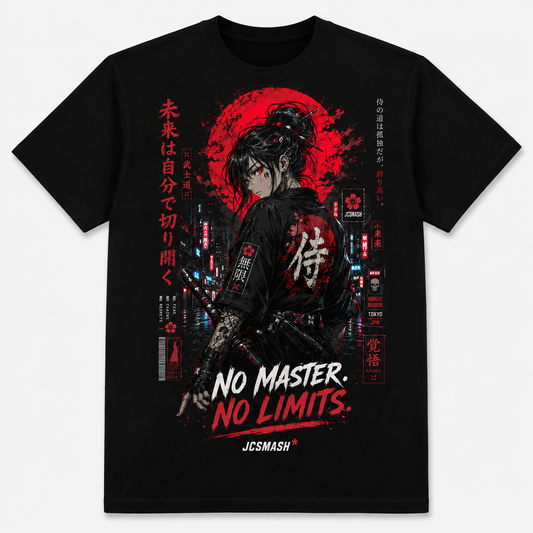 Anime Samurai Under a Blood Moon graphic T-shirt on black
