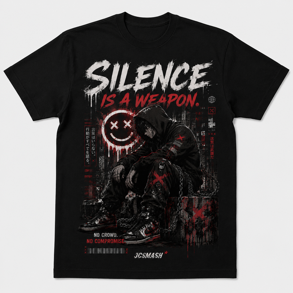 Anime Silence Is a Weapon graphic T-shirt on black