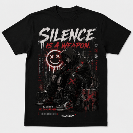 Anime Silence Is a Weapon graphic T-shirt on black