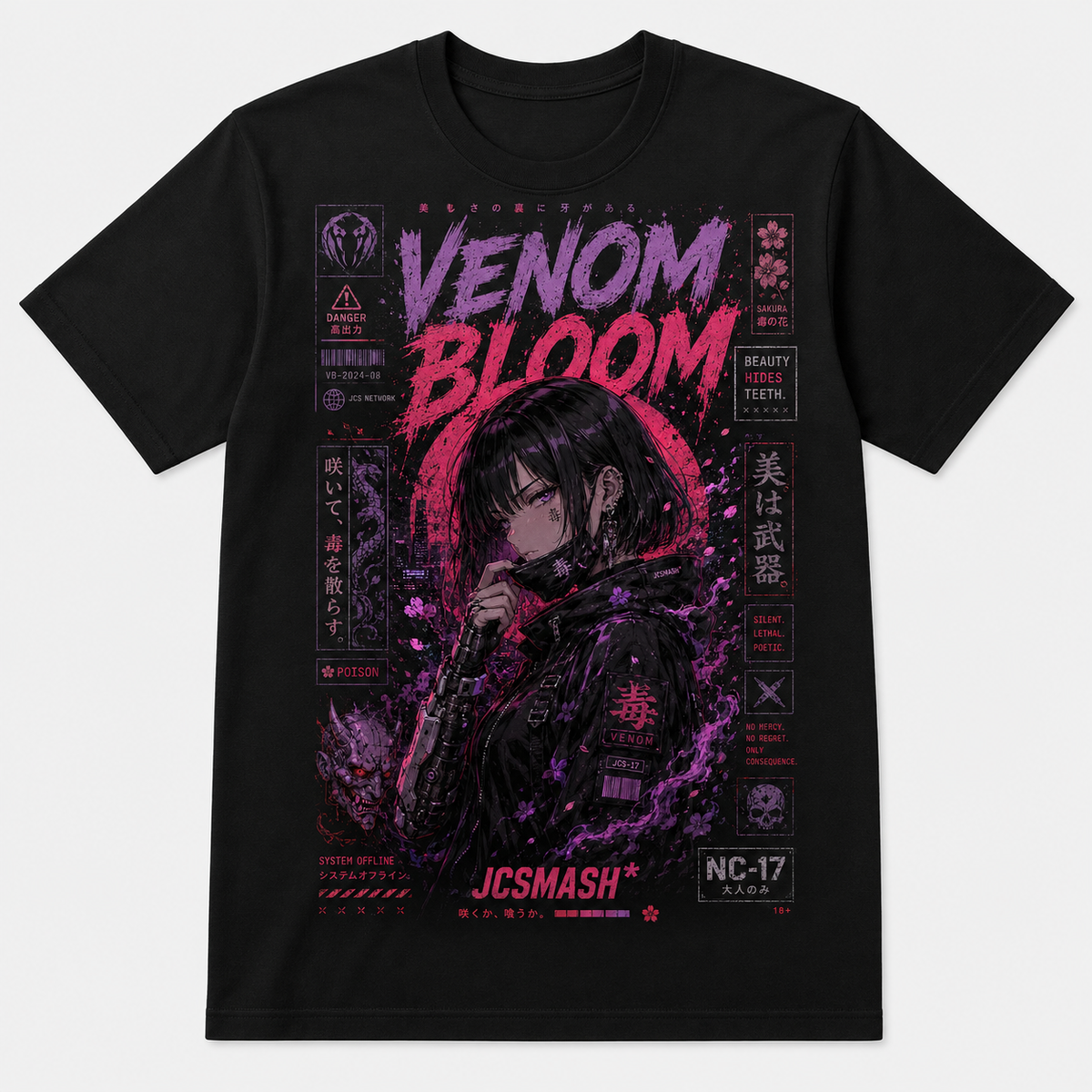 Anime Venom Bloom Sakura Noir graphic T-shirt on black