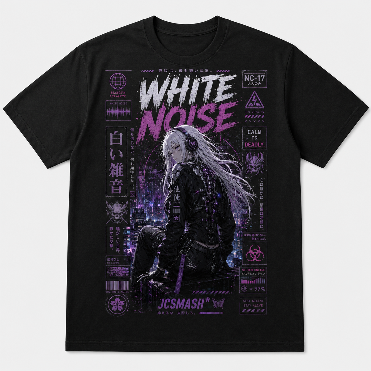 Anime White Noise graphic T-shirt on black