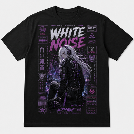 Anime White Noise graphic T-shirt on black