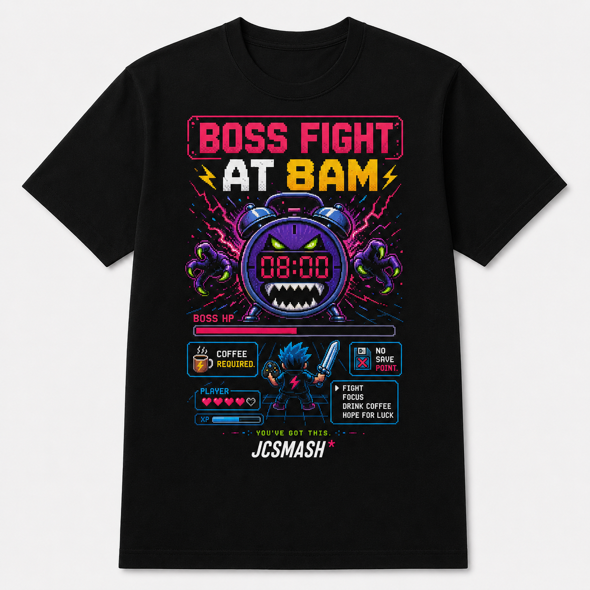 Boss Fight at 8AM Gaming graphic T-shirt on black