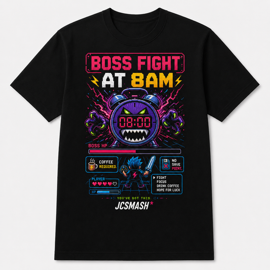 Boss Fight at 8AM Gaming graphic T-shirt on black