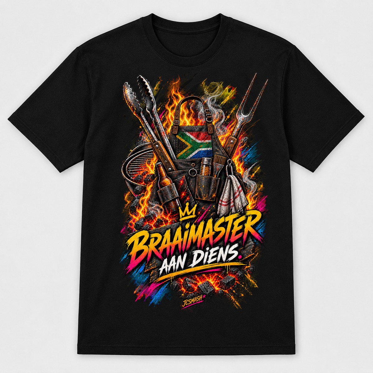 Braaimaster Aan Diens graphic T-shirt on black