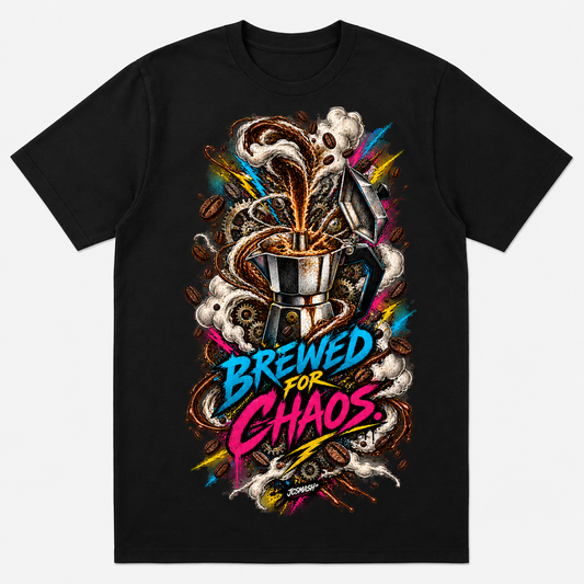 Brewed for Chaos graphic T-shirt on black