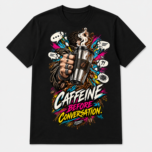 Caffeine Before Conversation graphic T-shirt on black