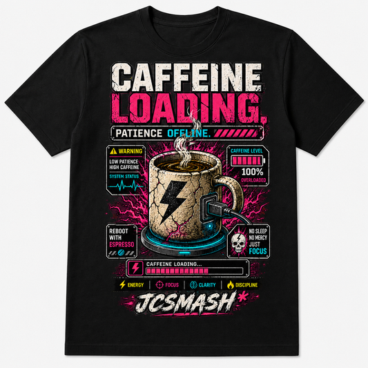 Caffeine loading cyberpunk coffee graphic T-shirt on black
