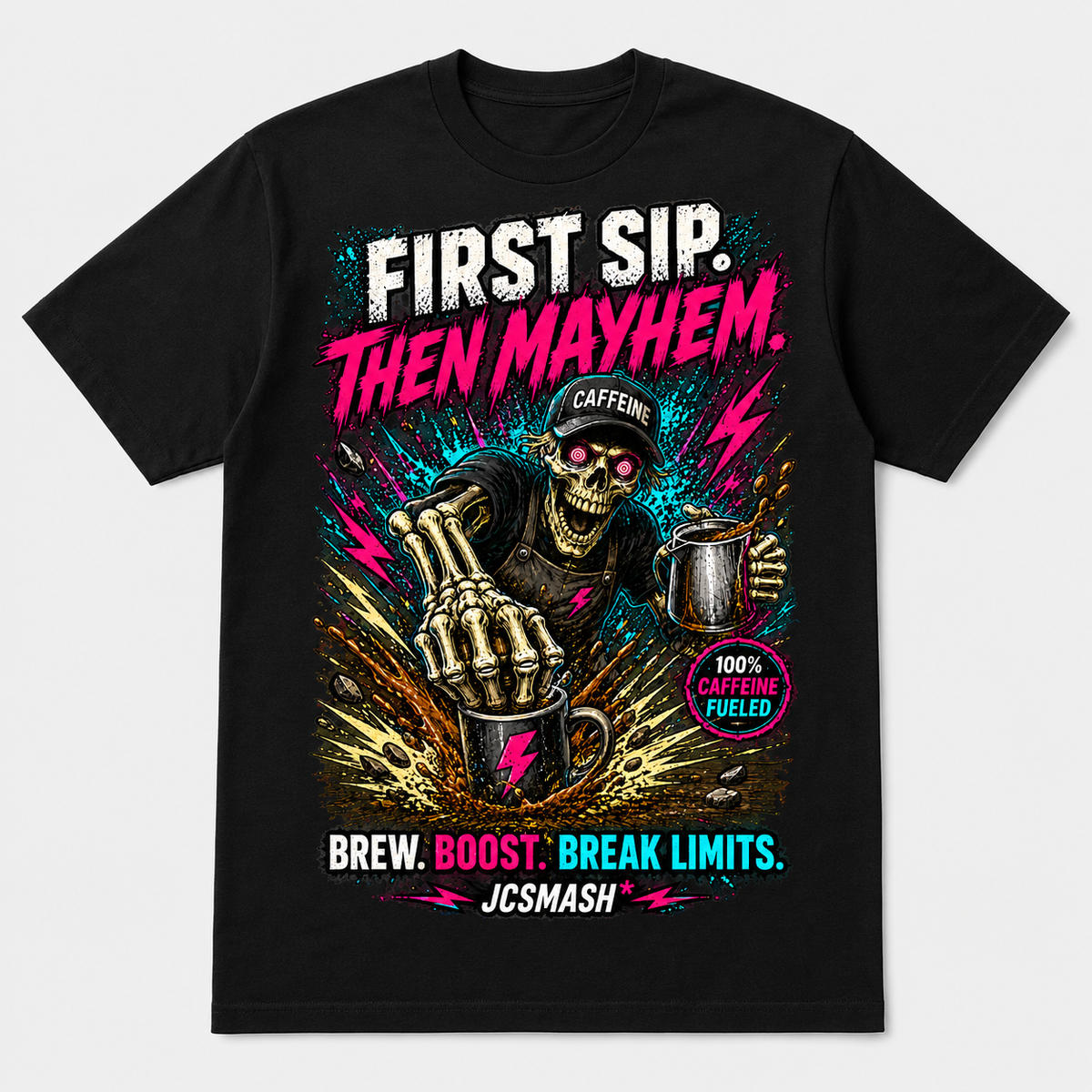 Caffeine neon mayhem graphic T-shirt on black