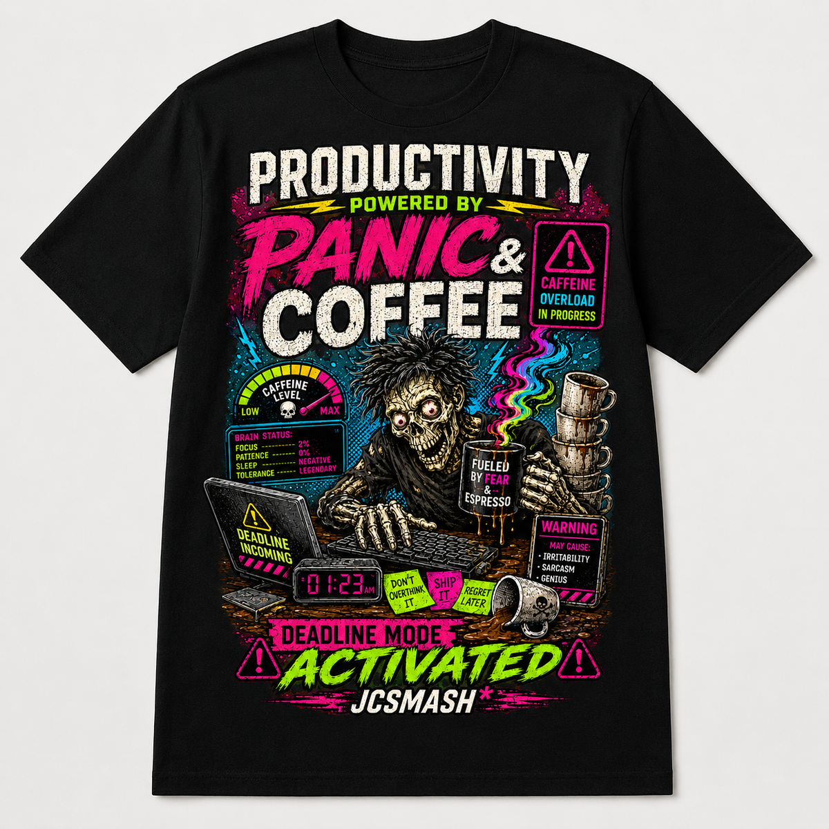 Caffeine panic productivity graphic T-shirt on black