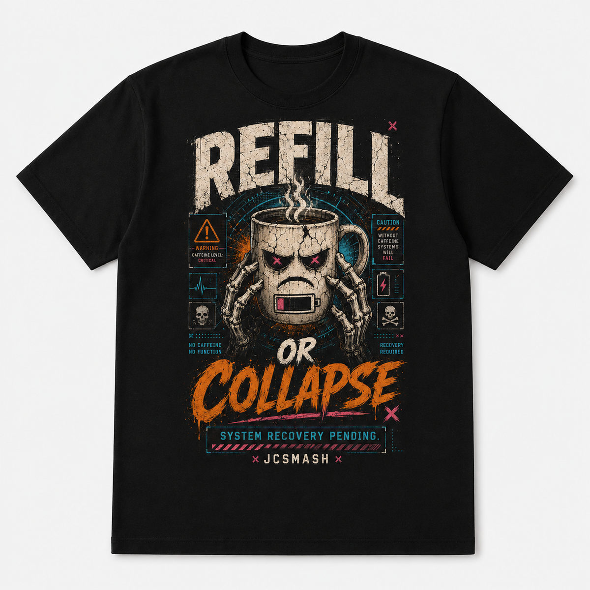 Caffeine Refill or Collapse graphic T-shirt on black