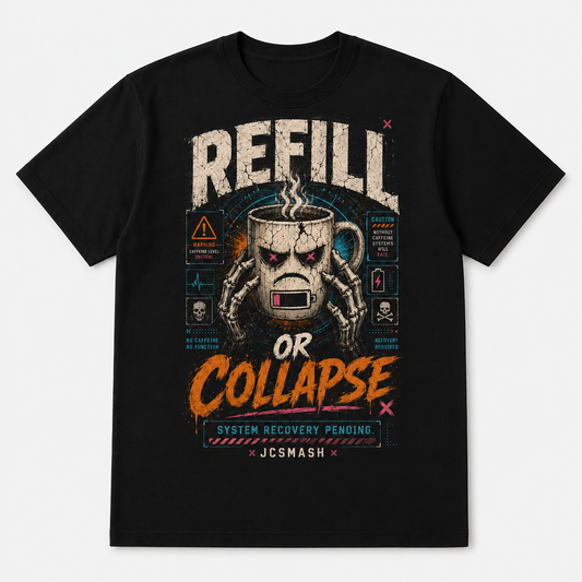 Caffeine Refill or Collapse graphic T-shirt on black