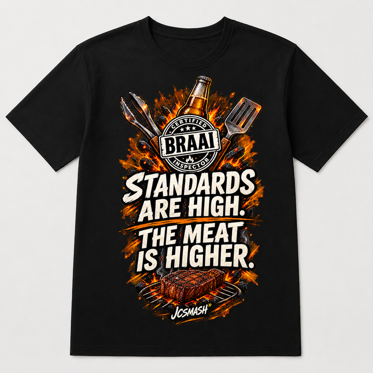 Certified Braai Inspector graphic T-shirt on black