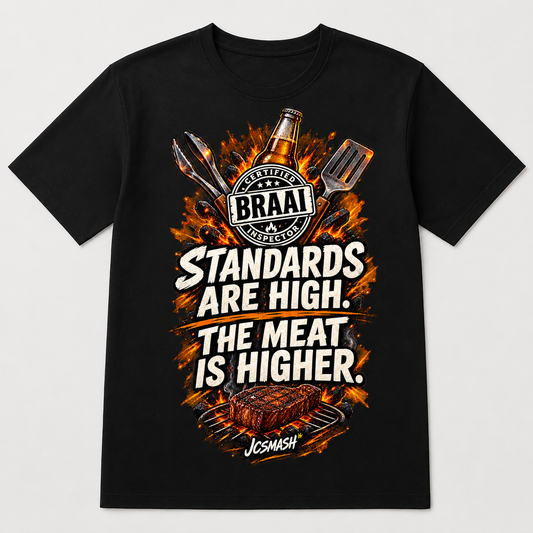 Certified Braai Inspector graphic T-shirt on black