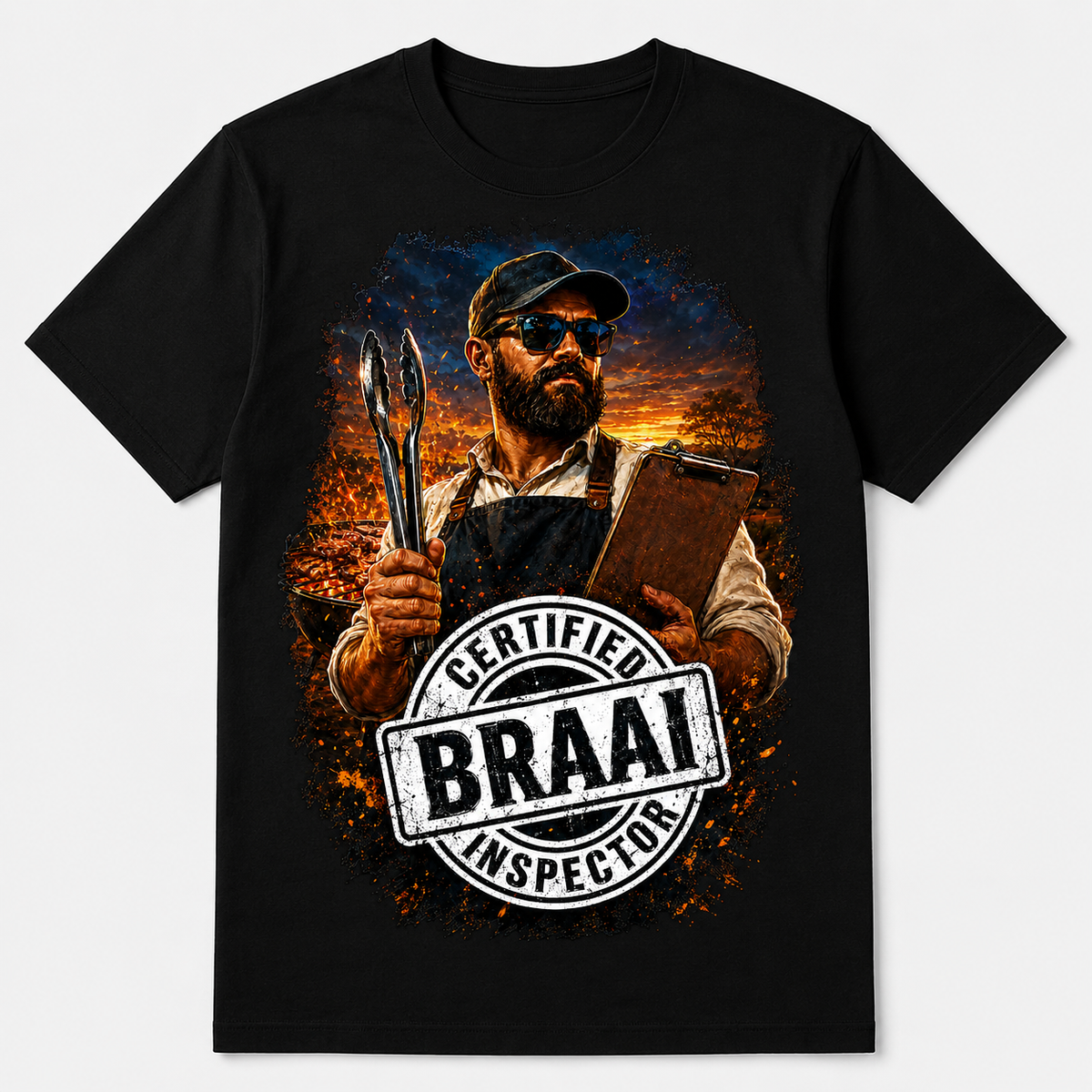 Certified Braai Inspector — Design 2 graphic T-shirt on black