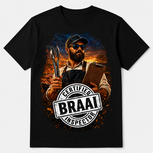 Certified Braai Inspector — Design 2 graphic T-shirt on black