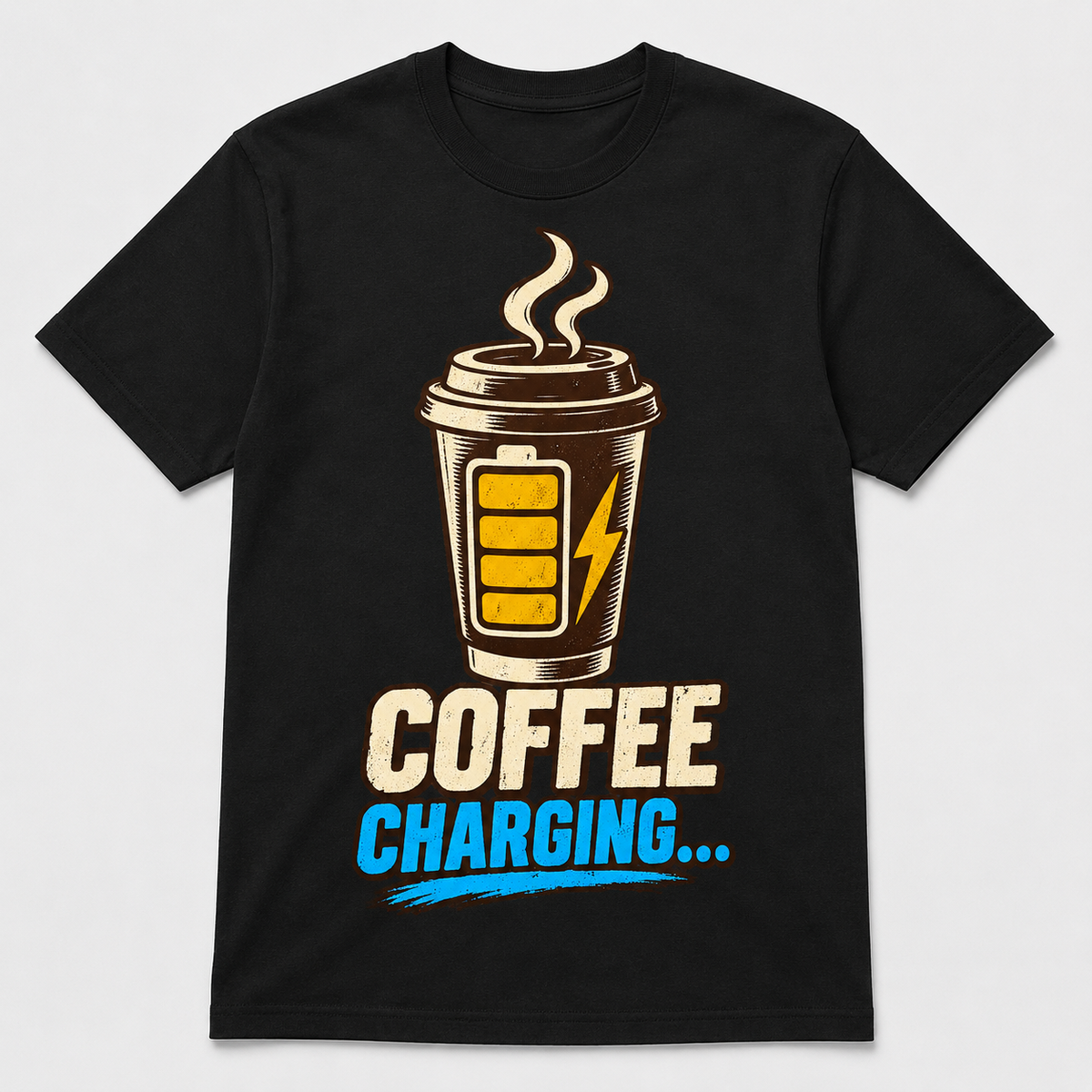 Coffee Charging graphic T-shirt on black