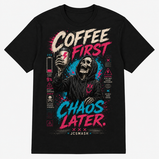 Coffee First Chaos graphic T-shirt on black