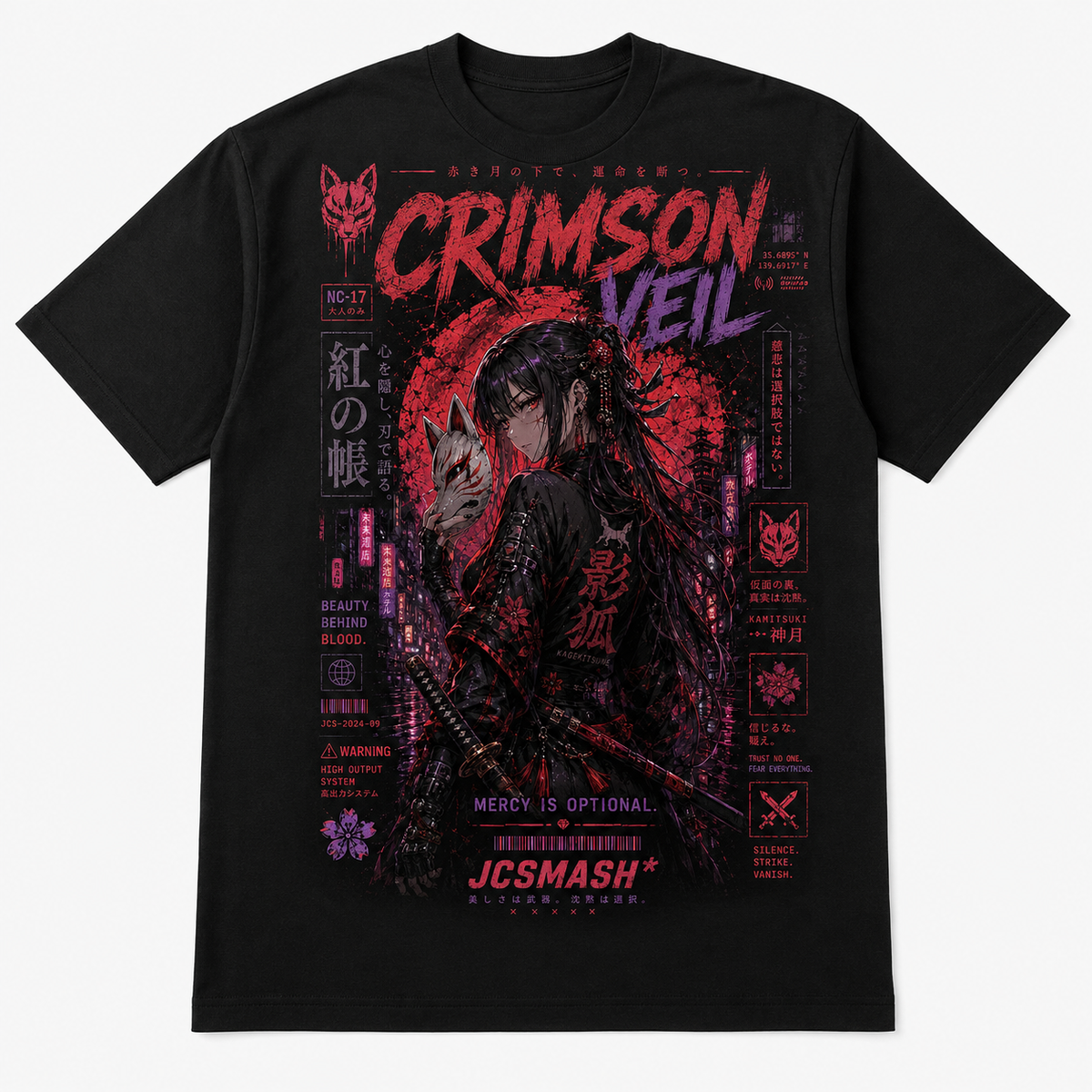 Crimson Veil Kitsune Samurai graphic T-shirt on black