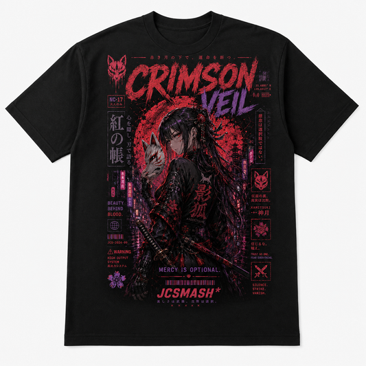 Crimson Veil Kitsune Samurai graphic T-shirt on black