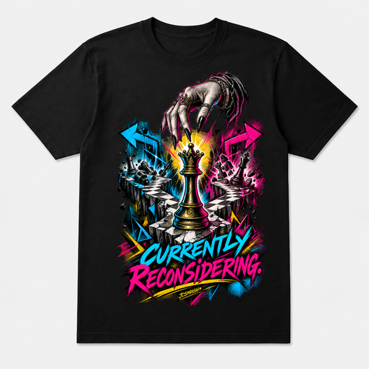 Currently Reconsidering graphic T-shirt on black