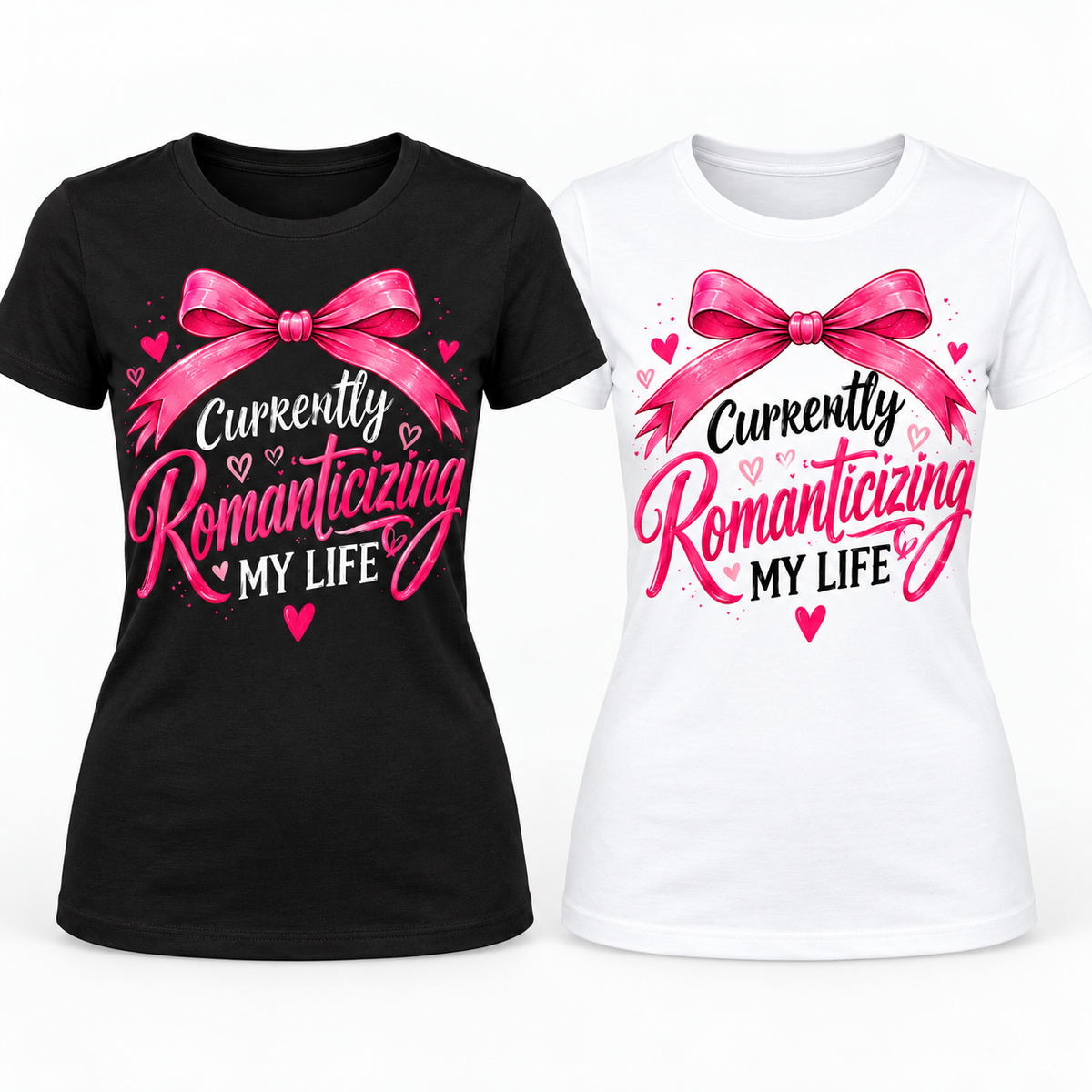 Currently Romanticizing My Life black and white ladies T-shirt mockups