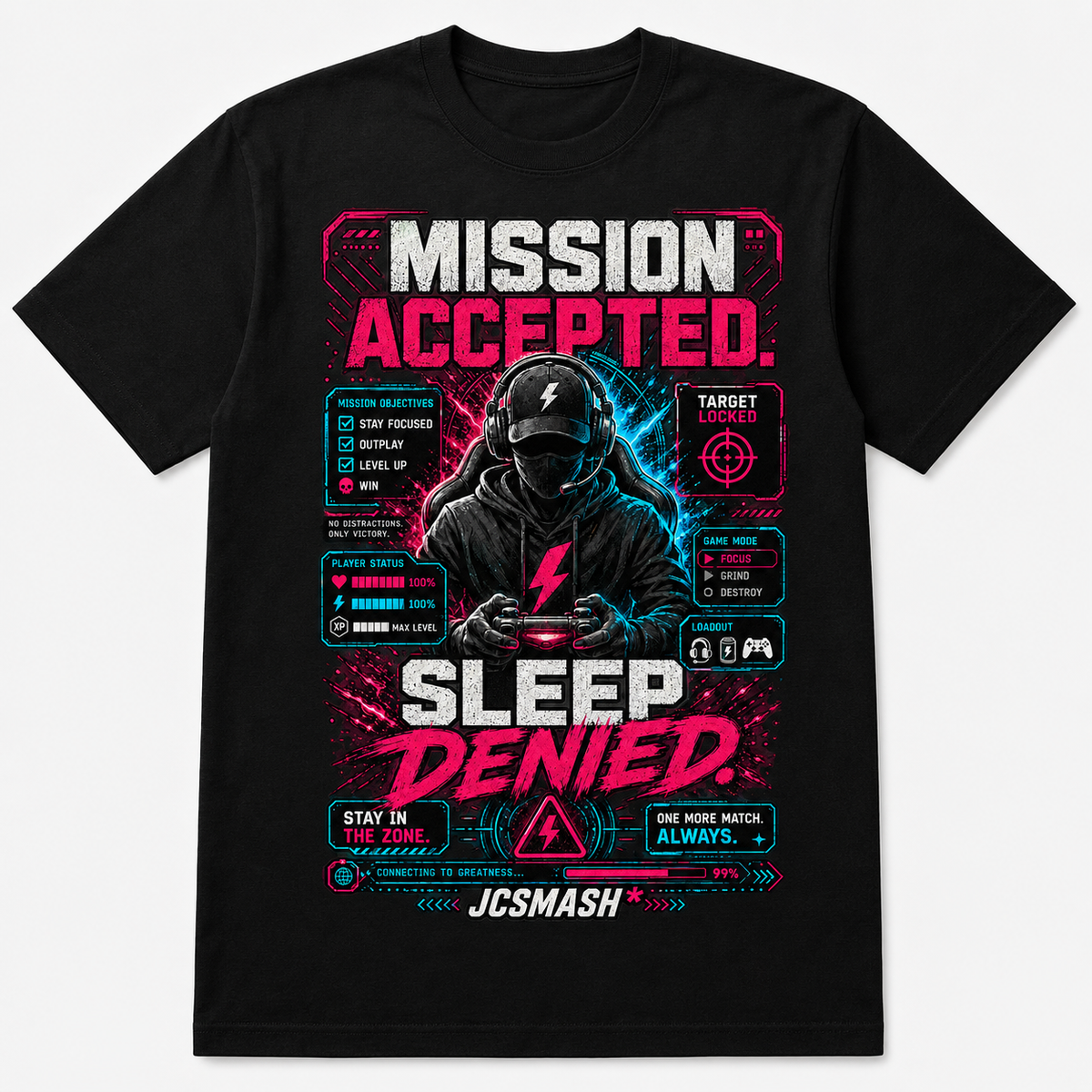 Cyberpunk Gamer Mission Accepted graphic T-shirt on black