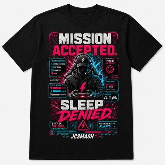 Cyberpunk Gamer Mission Accepted graphic T-shirt on black