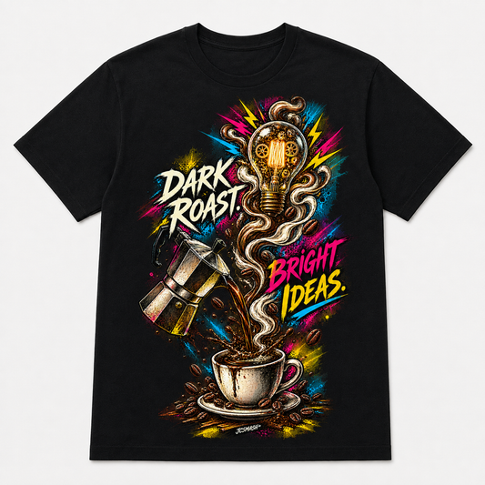 Dark Roast. Bright Ideas graphic T-shirt on black