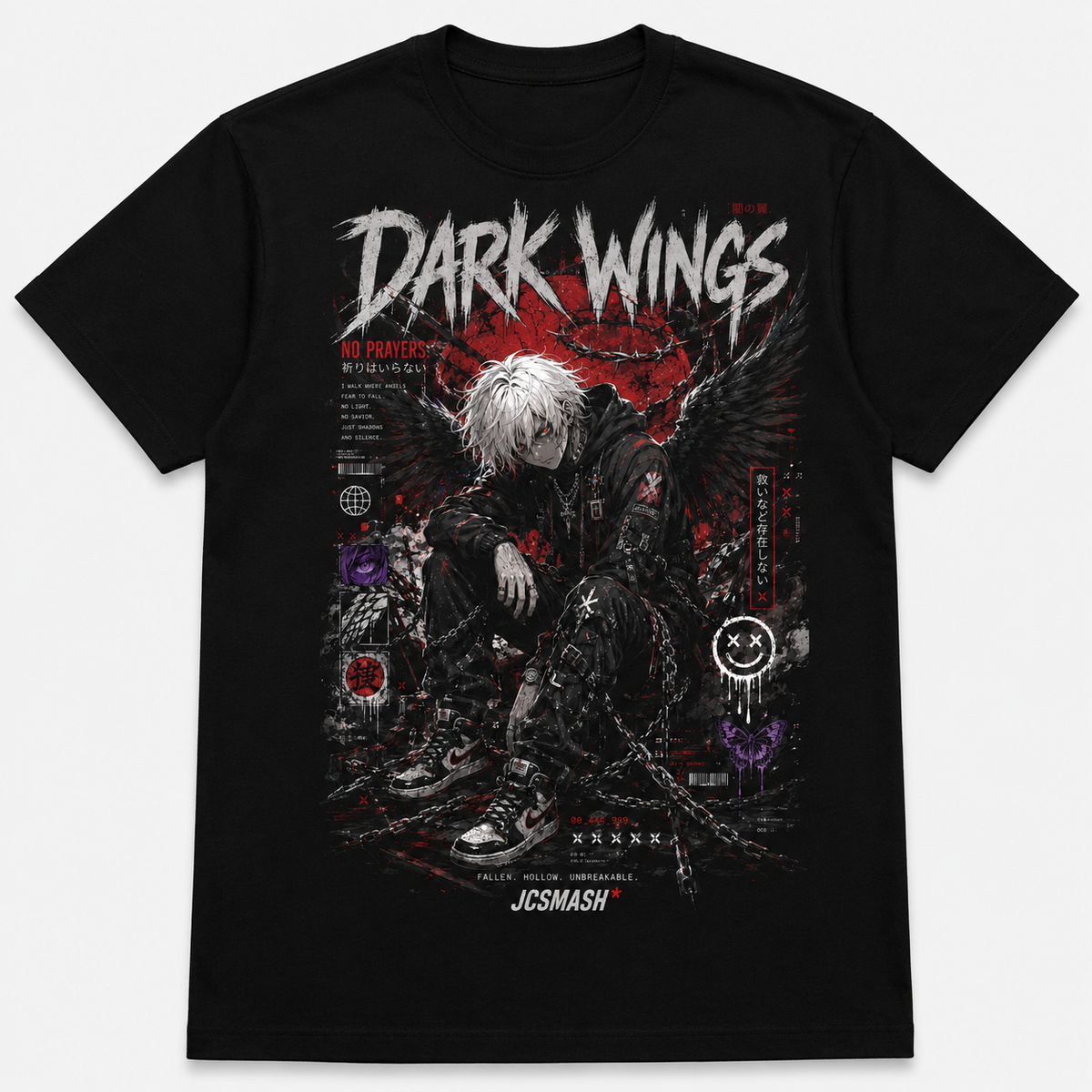 Dark Wings Fallen Shadow graphic T-shirt on black