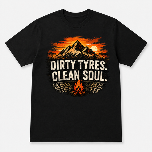 Dirty Tyres, Clean Soul graphic T-shirt on black