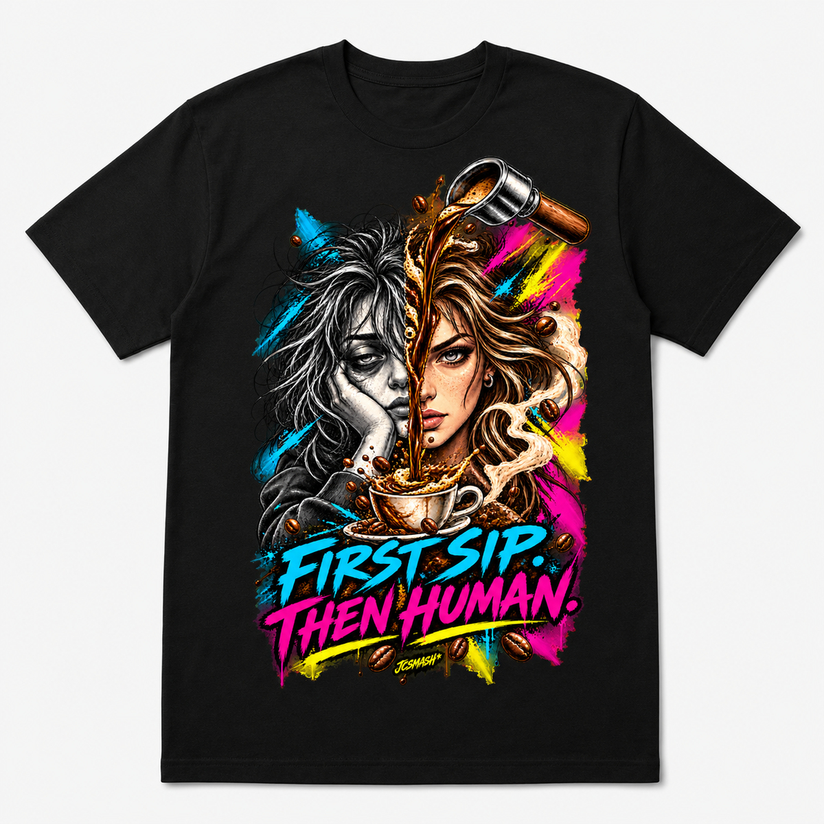 First sip then human graphic T-shirt on black