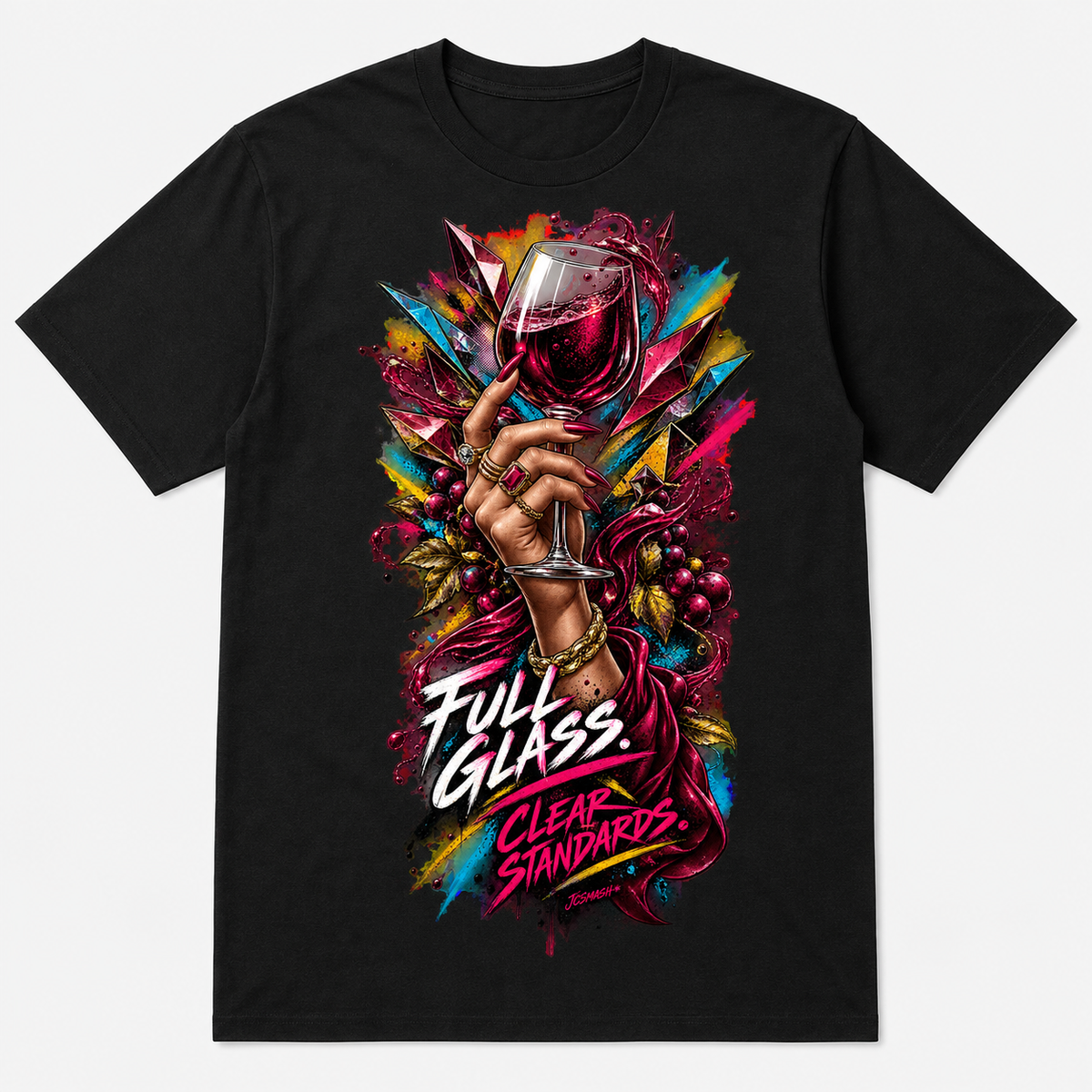 Full glass. Clear standards graphic T-shirt on black