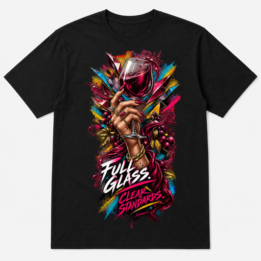 Full glass. Clear standards graphic T-shirt on black