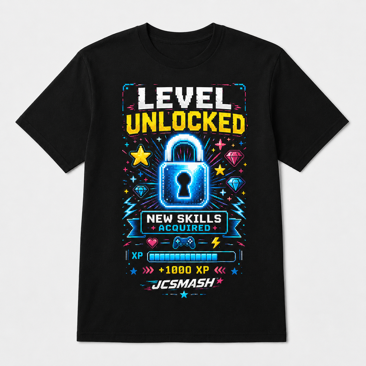 Gaming level unlocked graphic T-shirt on black