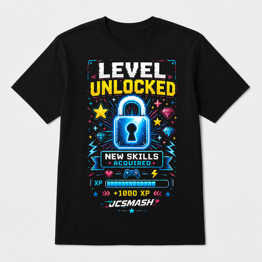 Gaming level unlocked graphic T-shirt on black