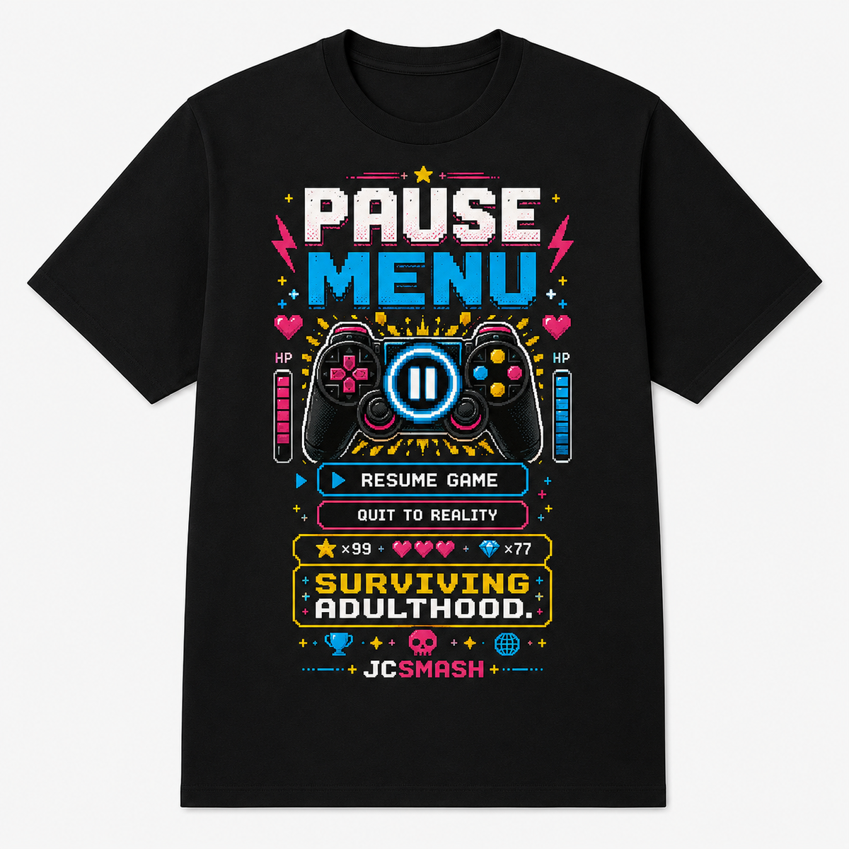Gaming pause menu graphic T-shirt on black