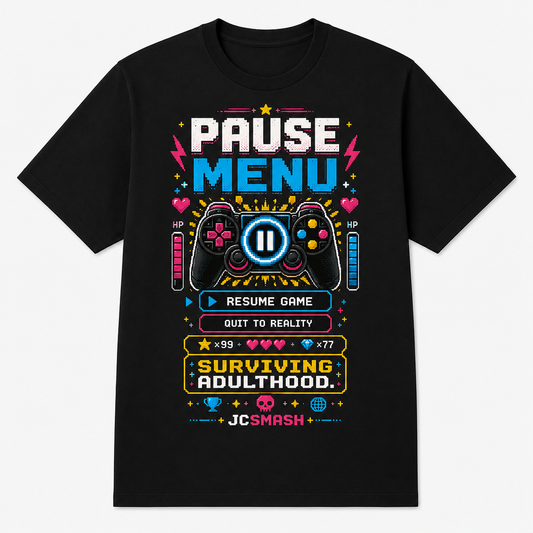 Gaming pause menu graphic T-shirt on black